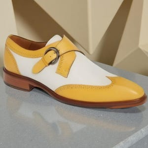 Handmade Leather Monk Strap Oxford Shoes: White & Yellow Wedding Footwear