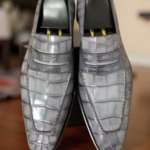 Handmade Grey Alligator Print Leather Loafers: Men&#39;s Luxury Dress Shoes