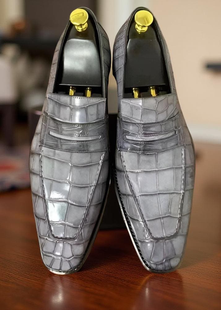 metallic grey dress shoes Men's Handmade Grey Patina Leather Oxford Dress Shoes - Groom Wedding Shoes