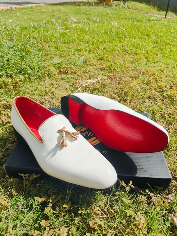 white and red dress shoes OneDrop Handmade Spikes Men Slip-On Smoking Slippers Outsole Party Wedding Birthday Prom Loafers White / 16 With a classic wingtip upper and a lightweight lug sole Stacy Baldwin Spectator Red and