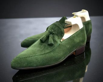 Mocasines de ante verde con borlas para hombre, hechos a mano, sin cordones, para vestir, boda o zapatero.