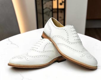 Zapatos de vestir Oxford Brogue Wingtip para hombre, nuevos, de cuero genuino blanco, hechos a mano.