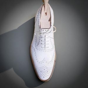 Handmade White Leather Brogue Shoes: Wingtip Lace-Up Formal Dress