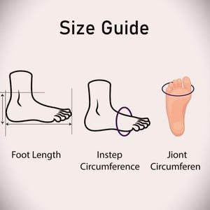 May include: Image of a size guide with illustrations of feet. The guide includes measurements for foot length, instep circumference, and joint circumference. The text "Size Guide" is at the top of the image.