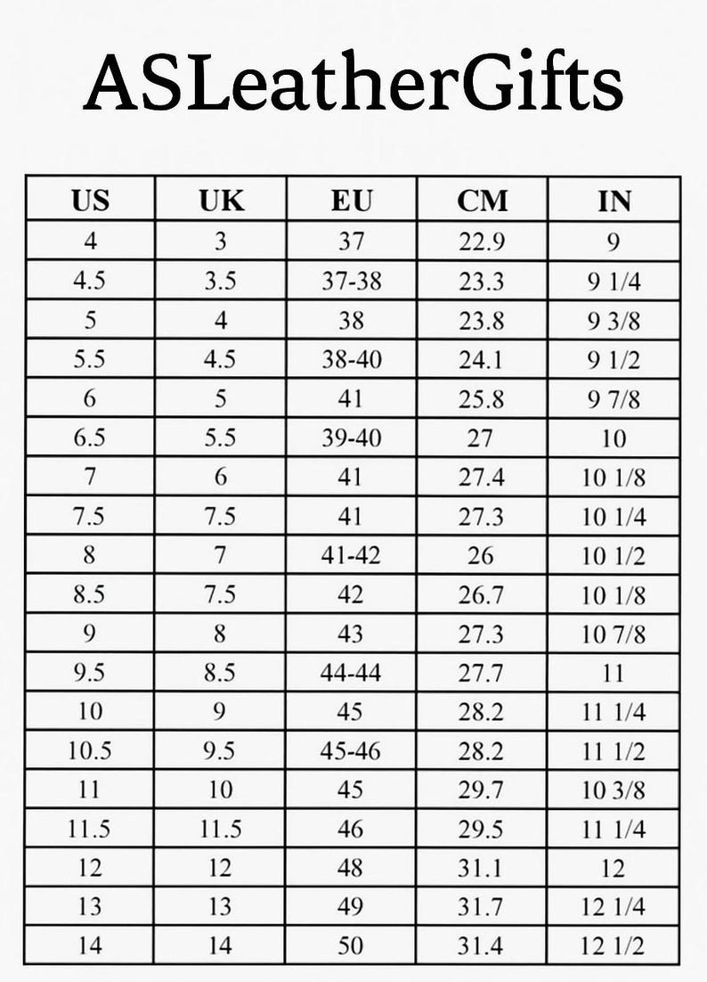 Puede incluir: Una tabla de conversi&oacute;n de tallas de calzado en blanco y negro titulada ASLeatherGifts. La tabla muestra columnas para tallas US, UK, EU, CM e IN, enumerando valores num&eacute;ricos para cada categor&iacute;a para ayudar a determinar las medidas.