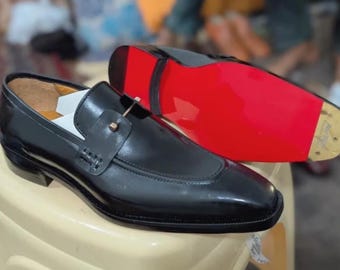 Mocasines de cuero negro hechos a mano para mujer, con suela roja, zapatos formales para bodas.