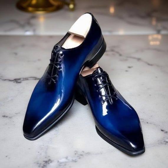 Blue Leather Oxford Shoes with Lace-Up Design Handmade Leather Oxford Shoes: Bespoke Blue & White Lace-up  main image 2