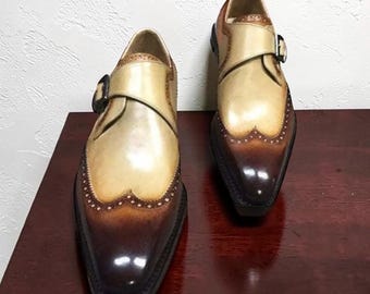 Zapatos Monk Strap de cuero genuino bicolor hechos a mano, estilo Wingtip Brogue