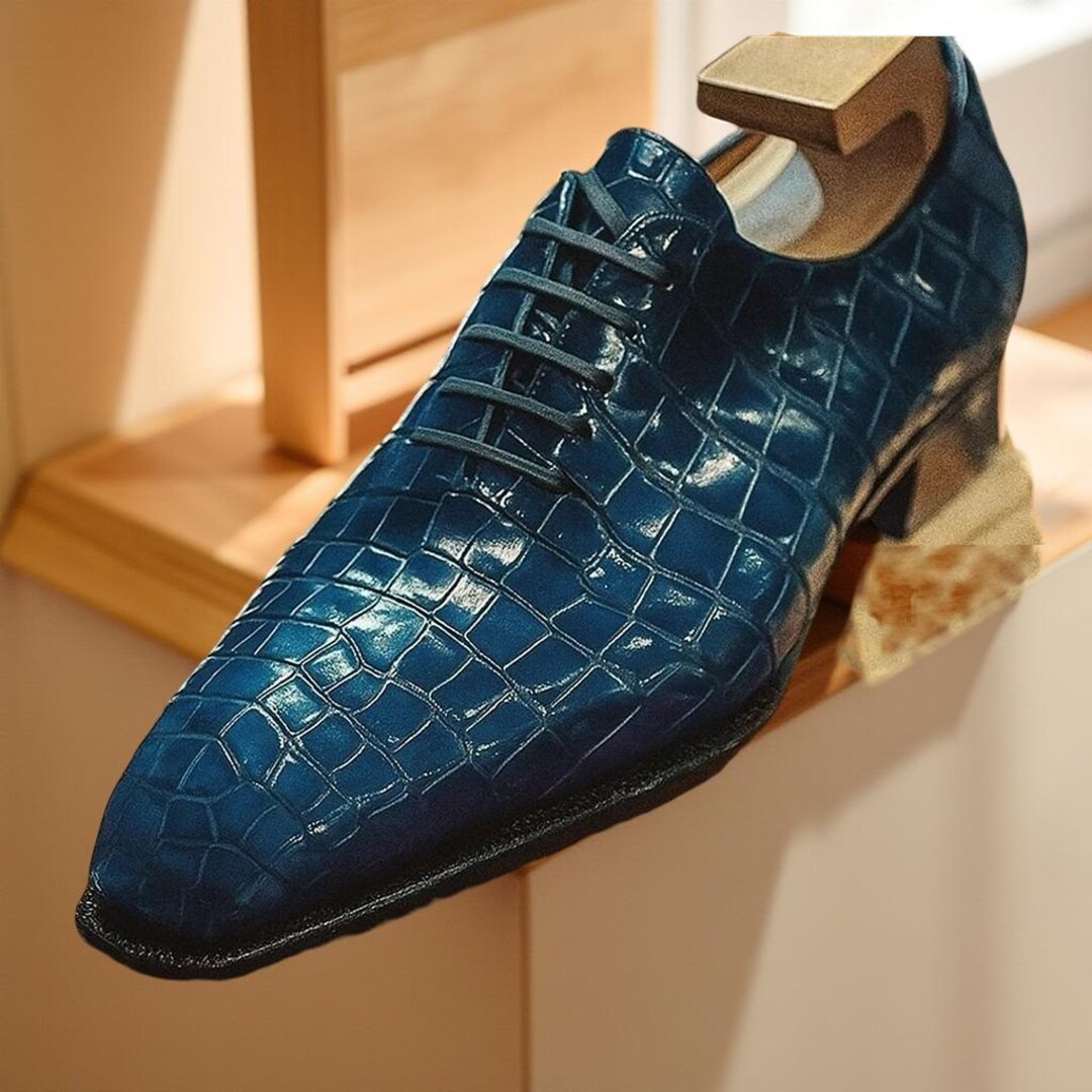 ハンドメイドネイビーブルークロコダイルレザーオックスフォード