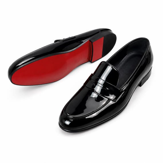 Christian Louboutin Men's Black Patent Leather Loafers, Red Bottom Slip On Dress Shoes, Handcrafted Tuxedo Luxury Loafers