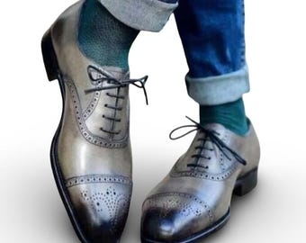 Zapatos de vestir brogue de cuero gris para hombre hechos a mano: zapatero de boda estilo Oxford clásico