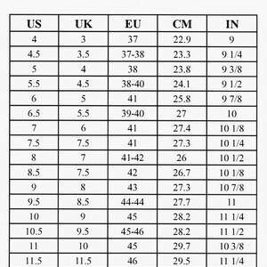 May include: A shoe size conversion chart from ASLeatherGifts, with US, UK, EU, CM, and IN measurements. Sizes range from US 4 (9 inches, 22.9 cm) to US 14 (12 1/2 inches, 31.4 cm). The chart is in a grid format with black text on a white background.