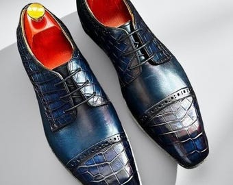 Zapatos Oxford de piel de cocodrilo hechos a mano: zapatos de vestir azul marino / zapatero de boda