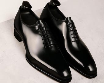 Zapatos de vestir Oxford de cuero negro genuino para hombre, hechos a mano, de una sola pieza, con cordones.