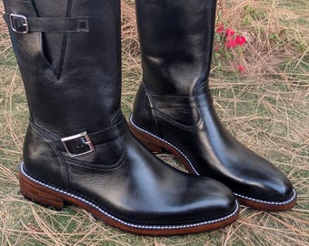 Botas de trabajo para motociclista de cuero negro para hombre – Botas de trabajo de media caña