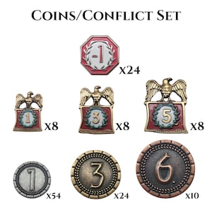 K&ouml;nnte beinhalten: Eine Sammlung von Spielmarken und M&uuml;nzen. Das Set enth&auml;lt verschiedene Marken mit den Zahlen 1, 3, 5 und 6 sowie eine negative 1-Marke. Die Marken sind in den Farben Rot, Gold und Silber gehalten. Der Text "COINS/CONFLICT SET" steht oben.