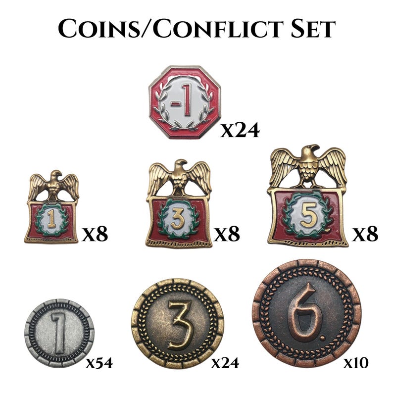 K&ouml;nnte beinhalten: Eine Sammlung von Spielmarken und M&uuml;nzen. Das Set enth&auml;lt verschiedene Marken mit den Zahlen 1, 3, 5 und 6 sowie eine negative 1-Marke. Die Marken sind in den Farben Rot, Gold und Silber gehalten. Der Text "COINS/CONFLICT SET" steht oben.