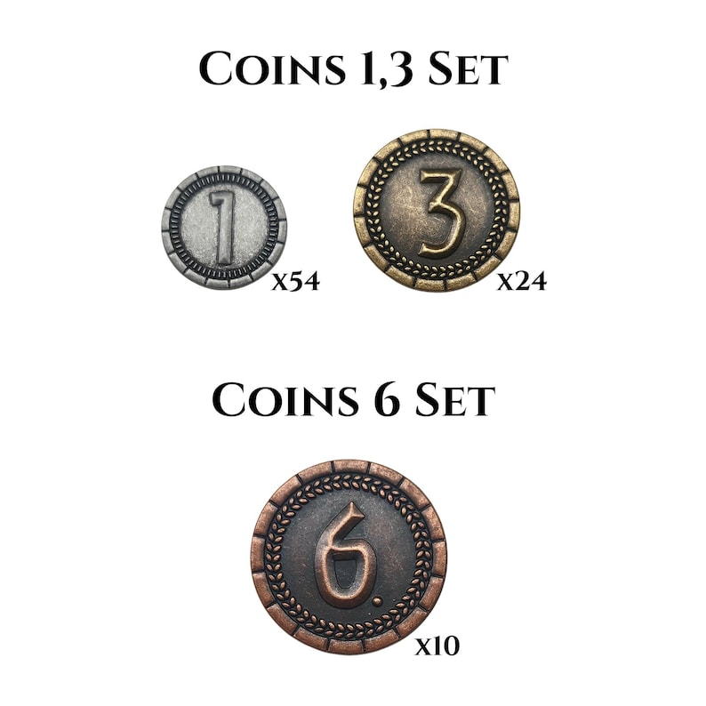K&ouml;nnte beinhalten: Satz aus drei Metallm&uuml;nzen mit den Zahlen 1, 3 und 6. Die M&uuml;nzen sind in Silber- und Bronzet&ouml;nen gehalten und haben einen strukturierten Rand. Der Text "COINS 1,3 SET" und "COINS 6 SET" steht &uuml;ber den M&uuml;nzen.
