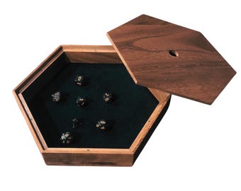 Massivholz-Hexagon-Würfelwürfelschale mit Samt-Innenausstattung und wandelbarem Deckelständer zur Aufbewahrung