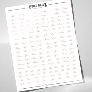 May include: A white sheet of nail water decals featuring the brand name POISE NAILZ at the top and various phrases in red cursive script, including Angel Energy, Born to Die, Eternal Love, Fallen Angel, Forgive Me, Forever Yours, Heaven Sent, Kiss Me, and Lost Soul.