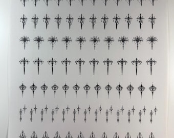 Ornate Gothic Nail Decals | Sword, Skull, Filigree Water Slide Stickers