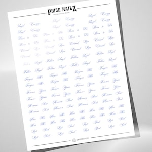May include: A white sheet of water decals featuring blue cursive text including phrases like Angel Energy, Born to Die, Eternal Love, Fallen Angel, Forgive Me, Forever Yours, Heaven Sent, Kiss Me, and Lost Soul, with the brand name POISE NAILZ.