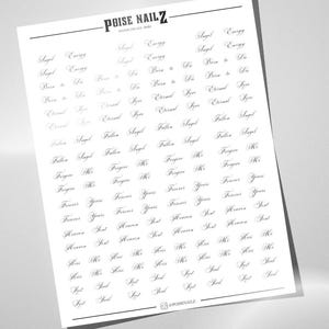 May include: A white sheet of black water decals featuring repeating script phrases including Angel Energy, Born to Die, Eternal Love, Fallen Angel, Forgive Me, Forever Yours, Heaven Sent, Kiss Me, and Lost Soul, with the brand name POISE NAILZ.