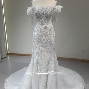 Luxury Beaded Wedding Dress Off Shoulder Lace Mermaid Wedding Dress