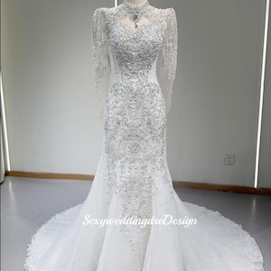 Luxury Beaded Lace Mermaid Wedding Dress Floral Lace Mermaid Wedding Dress Handmade Bridal Gown