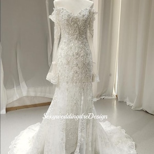 Sparkling mermaid wedding dress Handmade Bridal Gown Long Sleeve Beaded Lace Dress