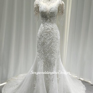 Luxury Pearl-Encrusted Mermaid Wedding Dress Glamorous Sequin Mermaid Bridal Gown