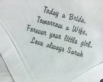 Custom Mens Wedding Handkerchief Personalized from the Bride to her Father, Pocket Square, Mans Hankerchief for Dad Embroidered Hanky