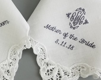 Wedding Handkerchief, Wedding Hankerchief Embroidered for Mother of Bride & Mother of the Groom Personalized Hanky Makes A Timeless Gift