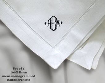 Monogrammed Handkerchiefs. Man Handkerchief Set of 3 Fine White Linen Men's Initialed Handkerchiefs Linen Hankerchiefs Embroidered