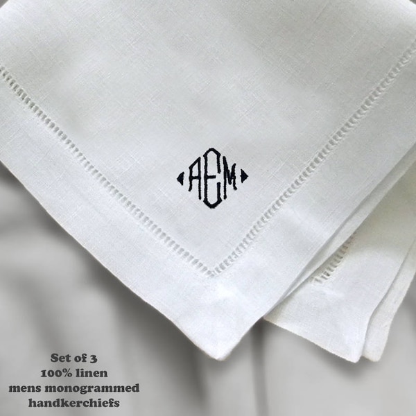 Monogrammed Handkerchiefs. Man Handkerchief Set of 3 Fine White Linen Men's Initialed Handkerchiefs Linen Hankerchiefs Embroidered