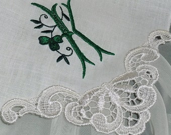 Shamrock Embroidered Wedding Handkerchief White Linen Bridal Hankerchief Perfect Gift for the Irish Bride