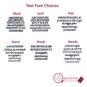 May include: A chart showing different text font choices for embroidery. The fonts are Block, Serif, Flair, Diane, Brody, and Manila. Each font shows the alphabet in uppercase and lowercase, as well as the numbers 1 through 9.