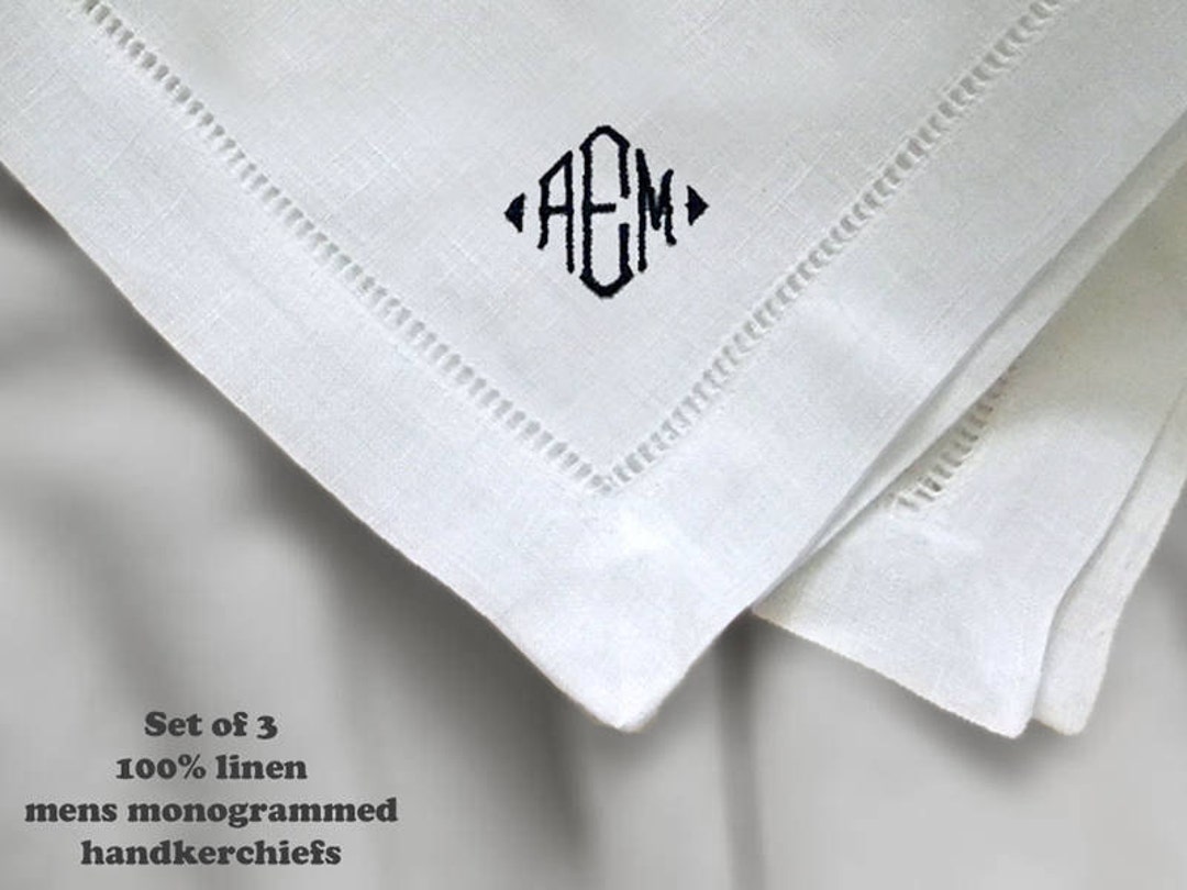 Mens Monogrammed Handkerchiefs Gift Set of Three Fine White Linen Men's Initialed Handkerchiefs