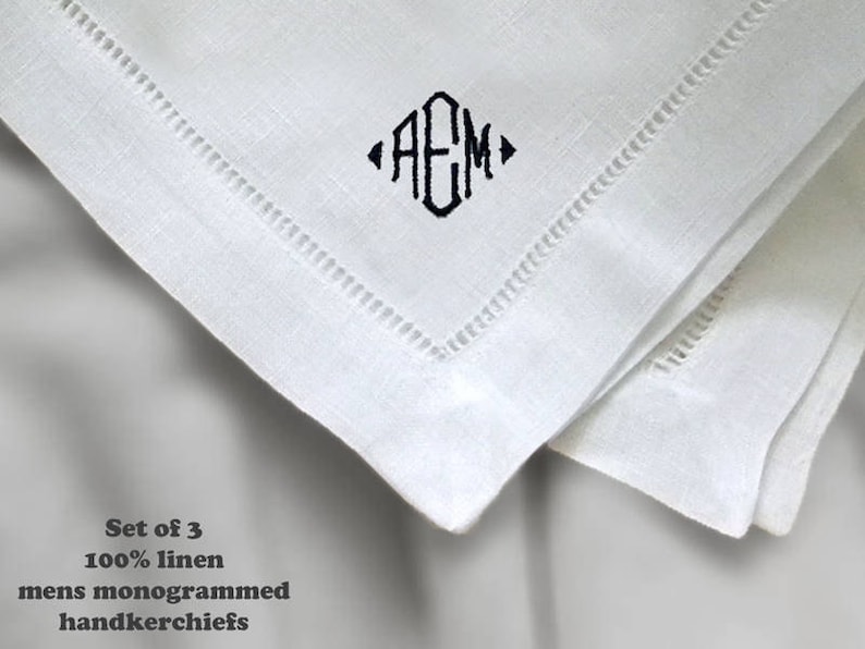 Mens Monogrammed Handkerchiefs Gift Set of Three Fine White Linen Men/'s Initialed Handkerchiefs Custom Made Pocket Squares