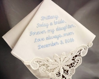 IVORY Hanky Gift for Mother of the Bride, Custom Handkerchiefs, Embroidered Hankerchiefs, Personalized Wedding Gift from Mom or Daughter
