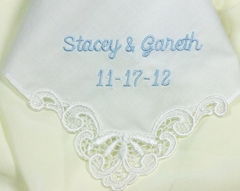 Bride Something Blue - Personalized Wedding Hankerchief for Bride Created in Premium Linen Wedding Handkerchief, Hanky, Hankie Embroidered