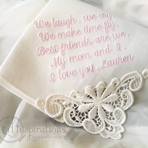 Ivory Wedding Handkerchiefs, Mother of the Bride Hankerchiefs Embroidered, Wedding Hanky Personalized for Mom from Daughter From Son image 2