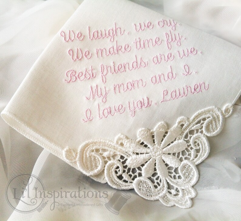 Ivory Wedding Handkerchiefs, Mother of the Bride Hankerchiefs Embroidered, Wedding Hanky Personalized for Mom from Daughter From Son image 2