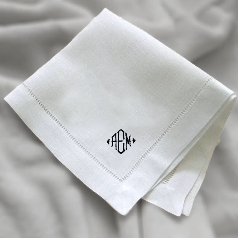Mens Monogrammed Handkerchiefs Gift Set of Three Fine White Linen Men/'s Initialed Handkerchiefs Custom Made Pocket Squares