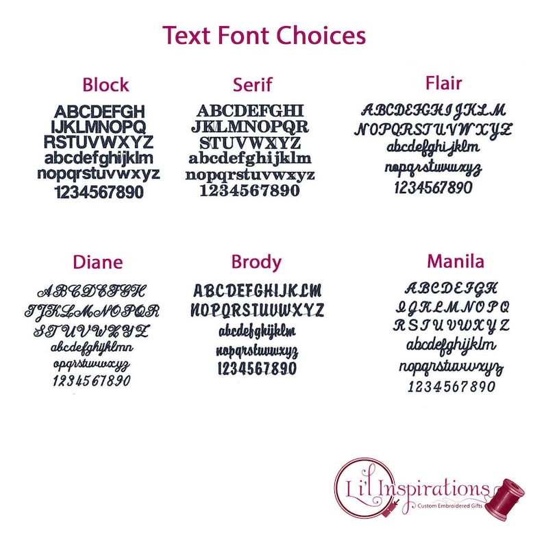 Pu&ograve; includere: Un grafico che mostra diverse scelte di font di testo per il ricamo. I font sono etichettati come "Block", "Serif", "Flair", "Diane", "Brody" e "Manila". Ogni stile di font mostra l'alfabeto in maiuscolo e minuscolo, nonch&eacute; i numeri da 1 a 9.