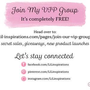 Może przedstawiać: R&oacute;żowy grafik z tekstem "Join My VIP Group It's completely FREE!" i linkiem do lil-inspirations.com/pages/join-our-vip-group. Tekst "secret sales, giveaways, new product launches" znajduje się pod linkiem. Tekst "Let's stay connected" znajduje się poniżej z ikonami dla Facebooka, Pinteresta i Instagrama z linkami do odpowiednich stron medi&oacute;w społecznościowych.