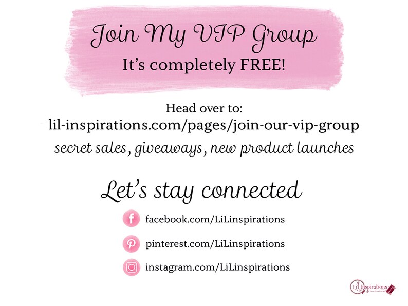 Może przedstawiać: R&oacute;żowy grafik z tekstem "Join My VIP Group It's completely FREE!" i linkiem do lil-inspirations.com/pages/join-our-vip-group. Tekst "secret sales, giveaways, new product launches" znajduje się pod linkiem. Tekst "Let's stay connected" znajduje się poniżej z ikonami dla Facebooka, Pinteresta i Instagrama z linkami do odpowiednich stron medi&oacute;w społecznościowych.