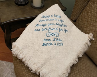 Personalized Mother of the Bride Gift, Custom Blanket,  Embroidered Cotton Throw, Monogrammed Blanket