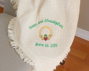 Irish Engagement Gift Personalized Claddagh (Claddaugh) Design Irish Wedding Blanket for Embroidered Couple Irish Gifts
