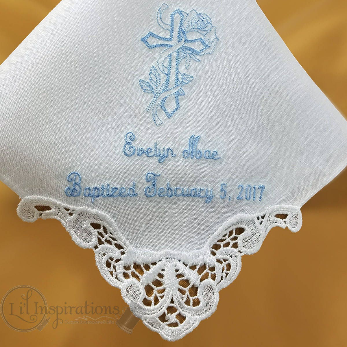 ❤️ Pañuelo de Bautizo personalizado con el nombre y fecha. Modelo Hojitas  Gris
